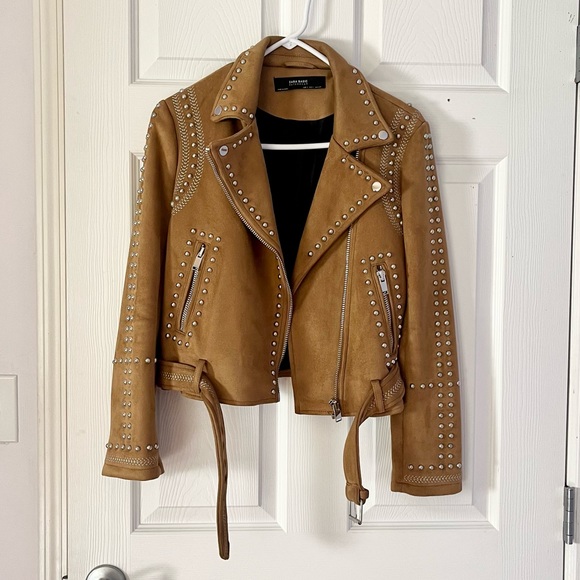 Zara Camel Studded Western Suede Moto Biker Jacket, Small - Picture 4 of 8